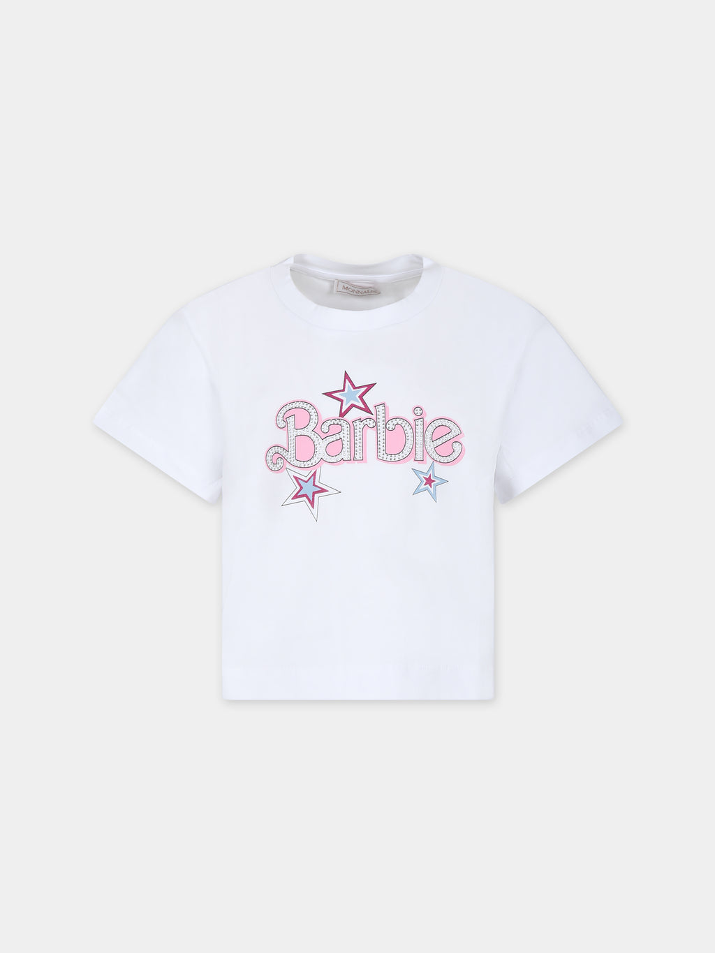 T-shirt crop bianca per bambina con scritta e strass